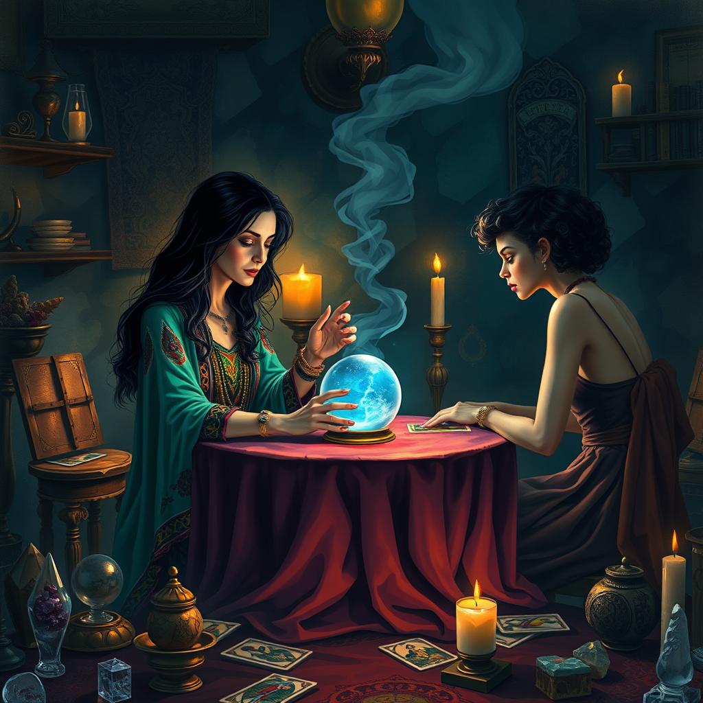 A mystical and enchanting scene depicting a psychic reading taking place in a dimly lit room filled with various esoteric items such as tarot cards, crystals, and incense
