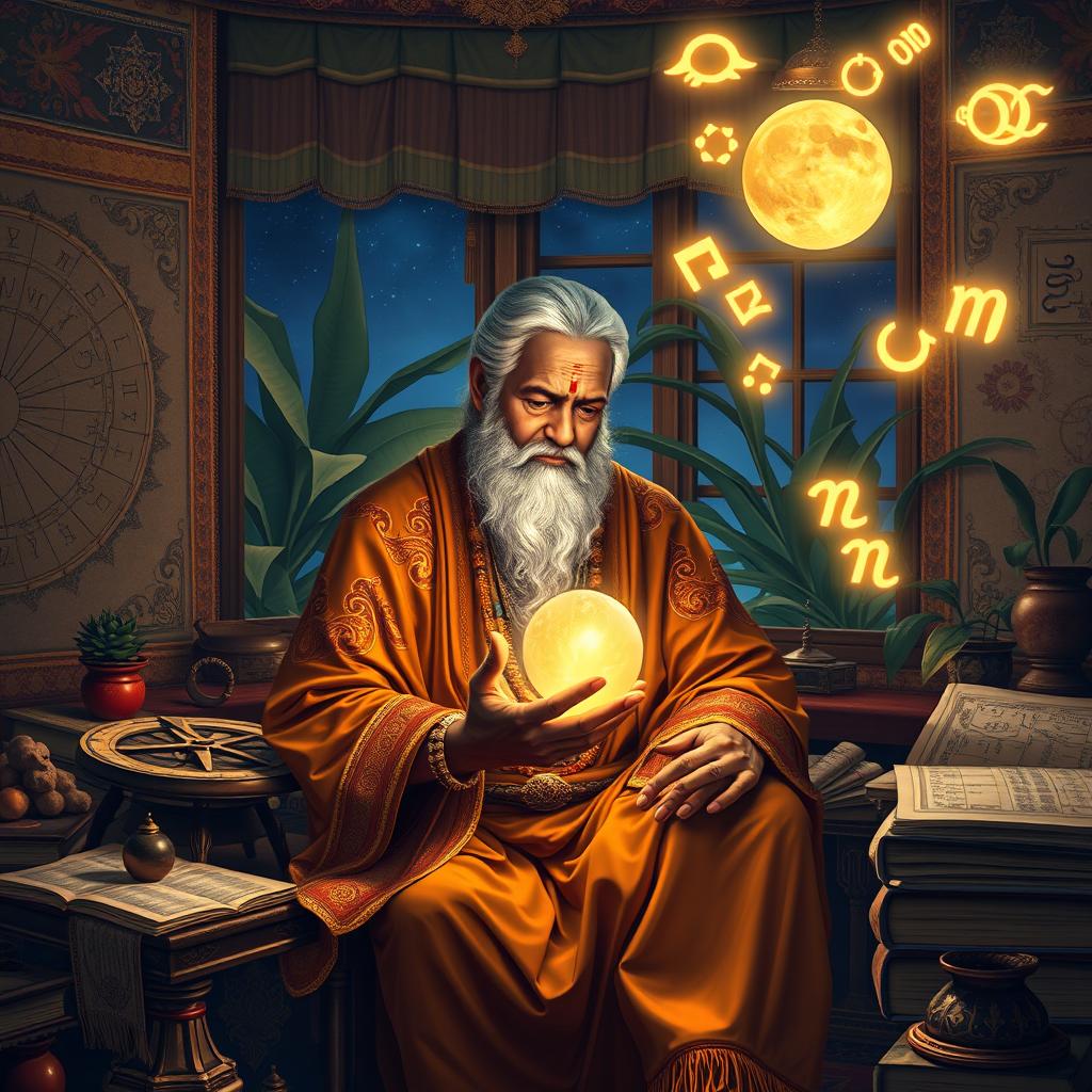 A revered Indian astrologer in a serene, traditional setting, adorned with colorful tapestries and mystical symbols on the walls