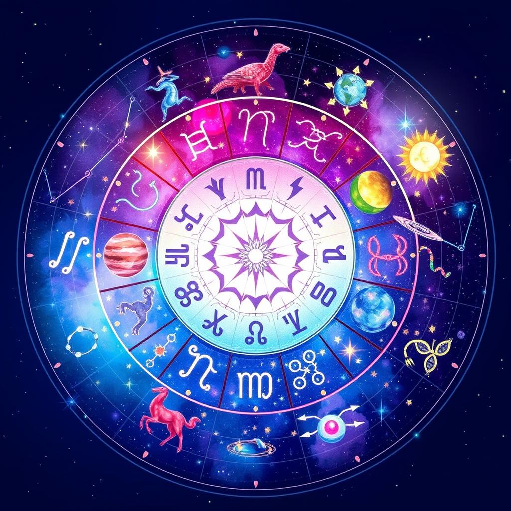 A beautifully illustrated zodiac wheel featuring all twelve astrological signs in a celestial setting
