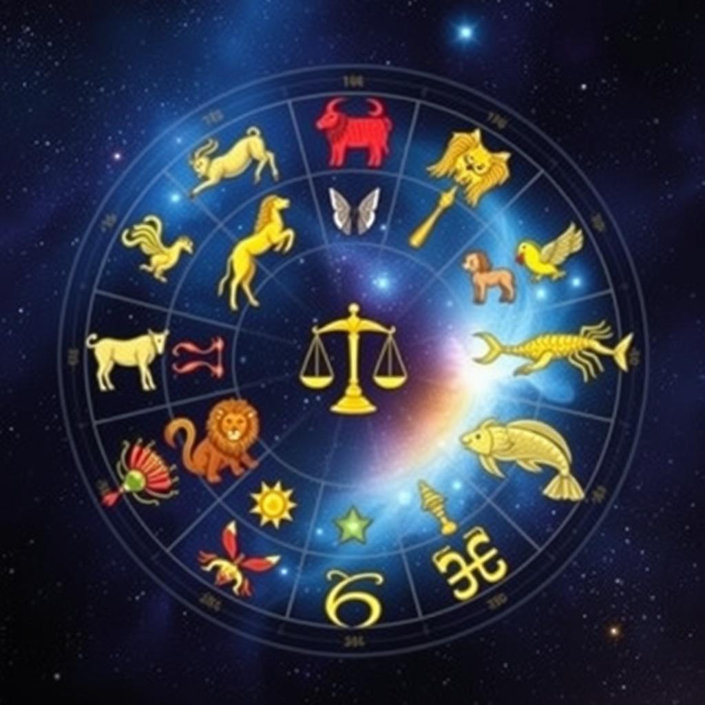 An artistic representation of the twelve zodiac signs arranged in a circular pattern, each sign creatively depicted with its associated symbols and traits