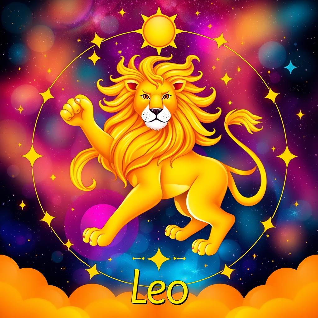 A beautifully illustrated representation of the zodiac sign Leo, featuring a golden lion in a majestic pose, surrounded by stars and celestial elements like the sun and a vibrant cosmic background
