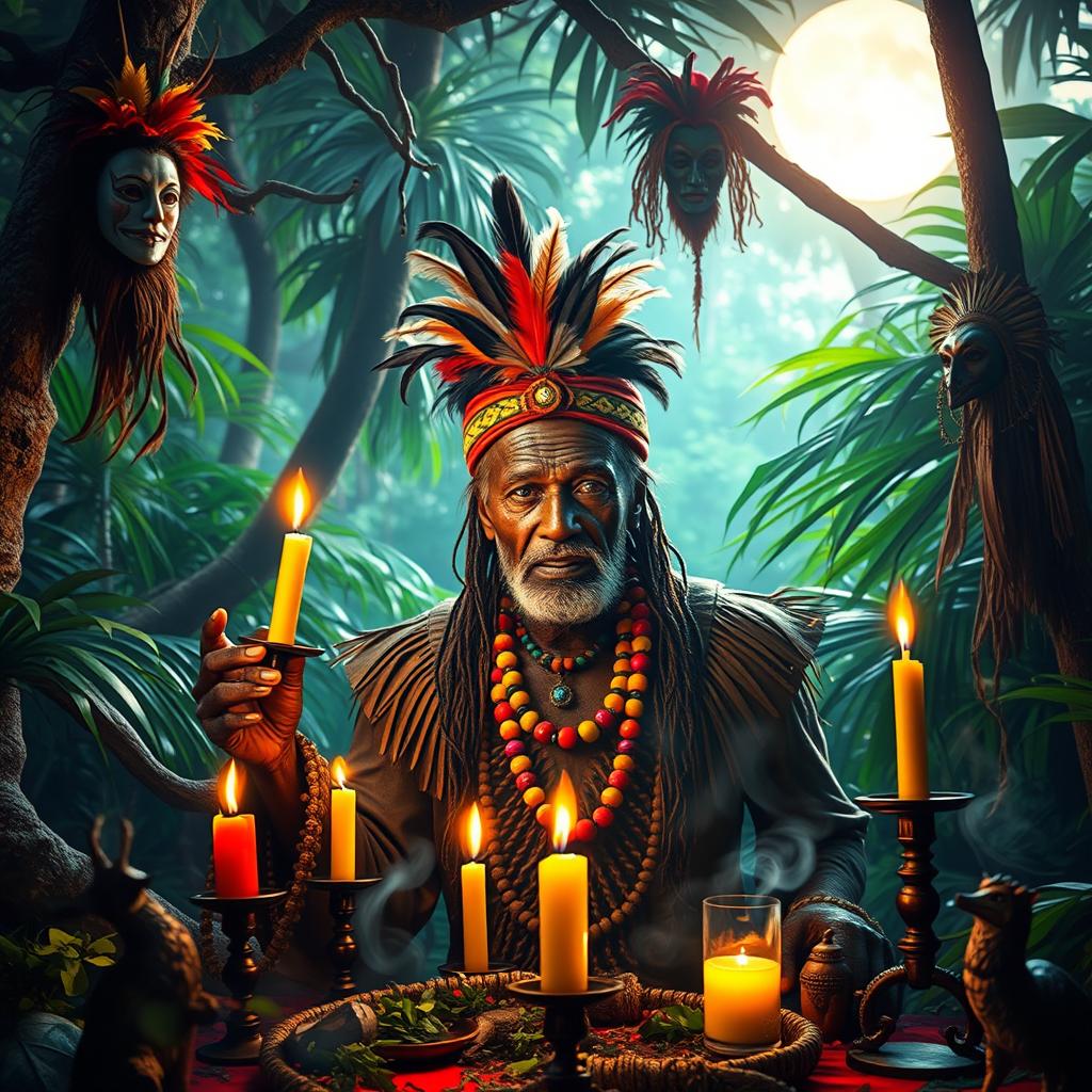 A mystical scene depicting an ancient voodoo ceremony in a lush tropical forest