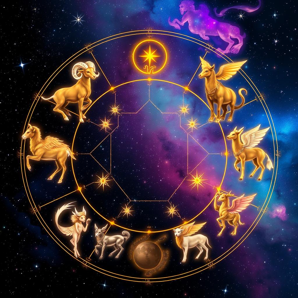 A mystical scene featuring the twelve zodiac signs represented by elegant and celestial creatures, each standing in a distinct constellation pattern