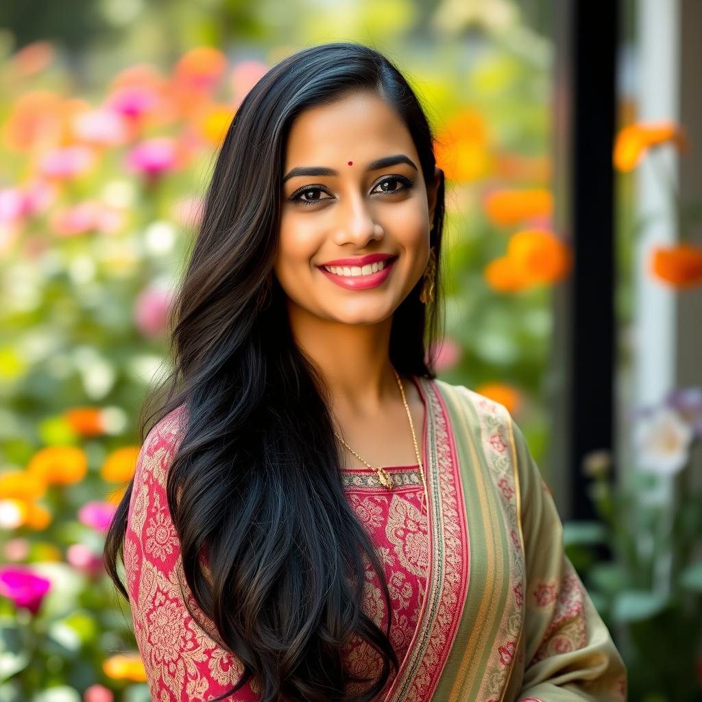 A portrait of a woman named Pooja, with long, flowing dark hair and striking features