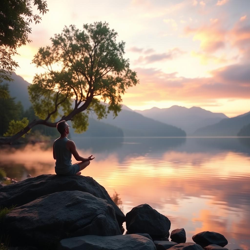A serene and tranquil scene depicting a person meditating on a rocky outcrop by a calm lake, surrounded by lush greenery and gentle mountains in the background