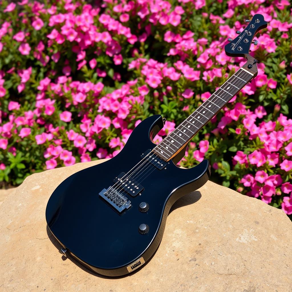 A black electric guitar resting atop a plain rock surface, surrounded by a vibrant background filled with an abundance of pink flowers in full bloom