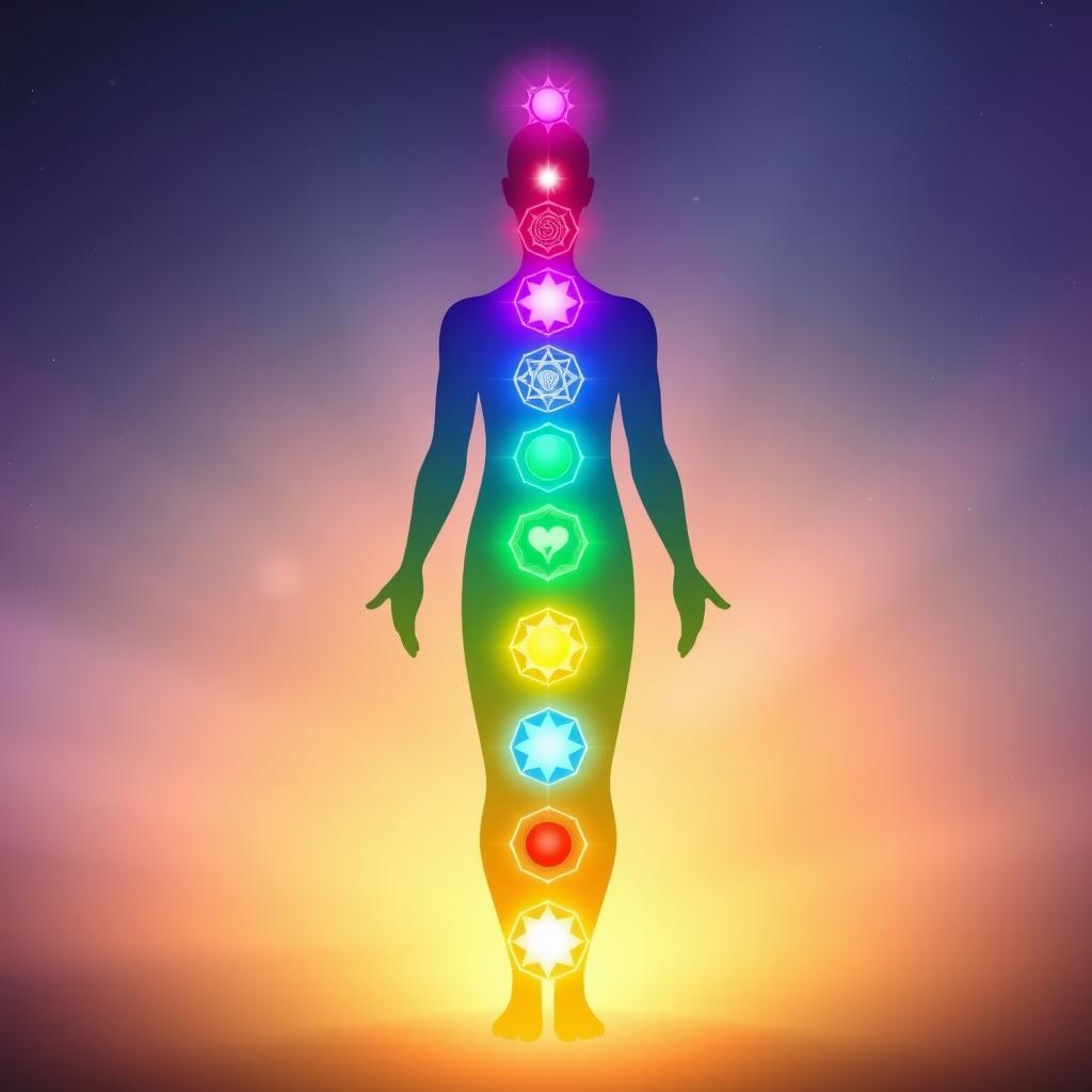 A vibrant and intricate visualization of the seven chakras, arranged in a vertical line along the human silhouette