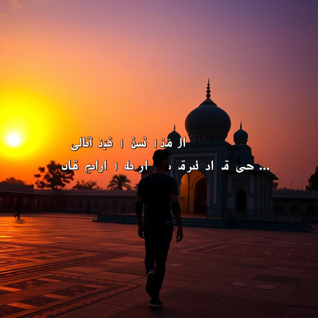 A serene scene of an individual named Shoaib walking alone near a beautiful shrine (dargah) at sunset
