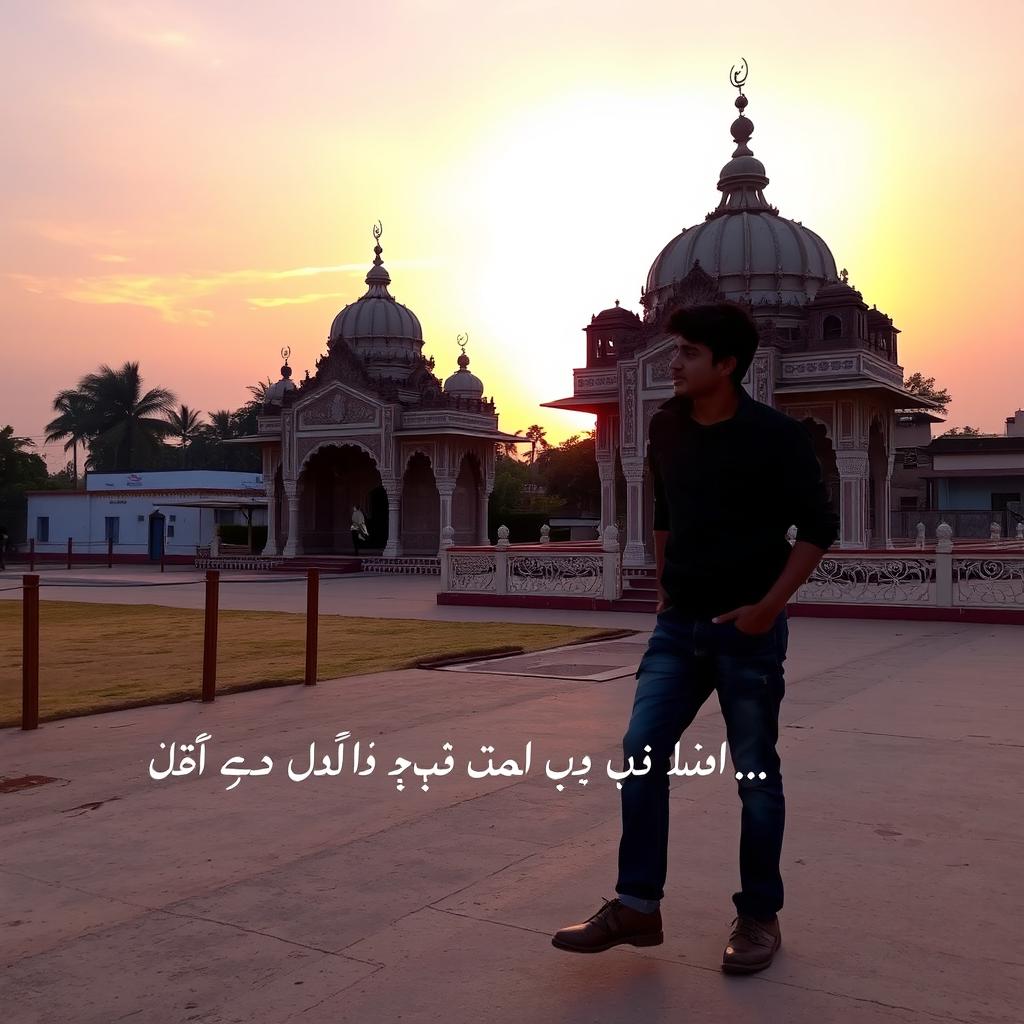 A scenic sunset view showing Shoaib, a young man in casual attire, walking alone near a beautifully ornate shrine (dargah) with intricate architecture
