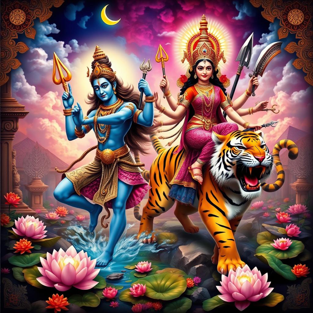 A stunning and intricate depiction of Indian gods, featuring a majestic scene with Lord Shiva in a dance pose, radiant with blue skin, adorned with a snake around his neck and a crescent moon on his head