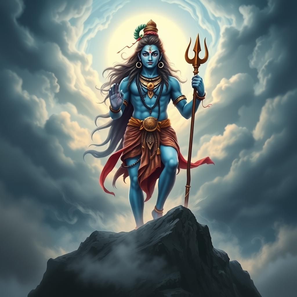 A powerful and serene depiction of Lord Shiva, the Hindu deity, standing majestically on a rocky mountain peak, surrounded by swirling clouds and a moonlit sky