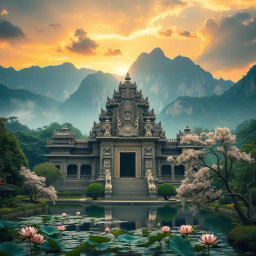 A majestic ancient temple surrounded by lush green forests and towering mountains, bathed in the golden light of sunset