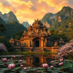 A majestic ancient temple surrounded by lush green forests and towering mountains, bathed in the golden light of sunset