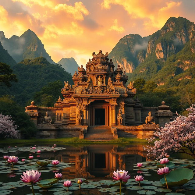 A majestic ancient temple surrounded by lush green forests and towering mountains, bathed in the golden light of sunset