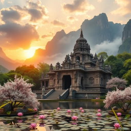A majestic ancient temple surrounded by lush green forests and towering mountains, bathed in the golden light of sunset