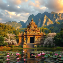 A majestic ancient temple surrounded by lush green forests and towering mountains, bathed in the golden light of sunset