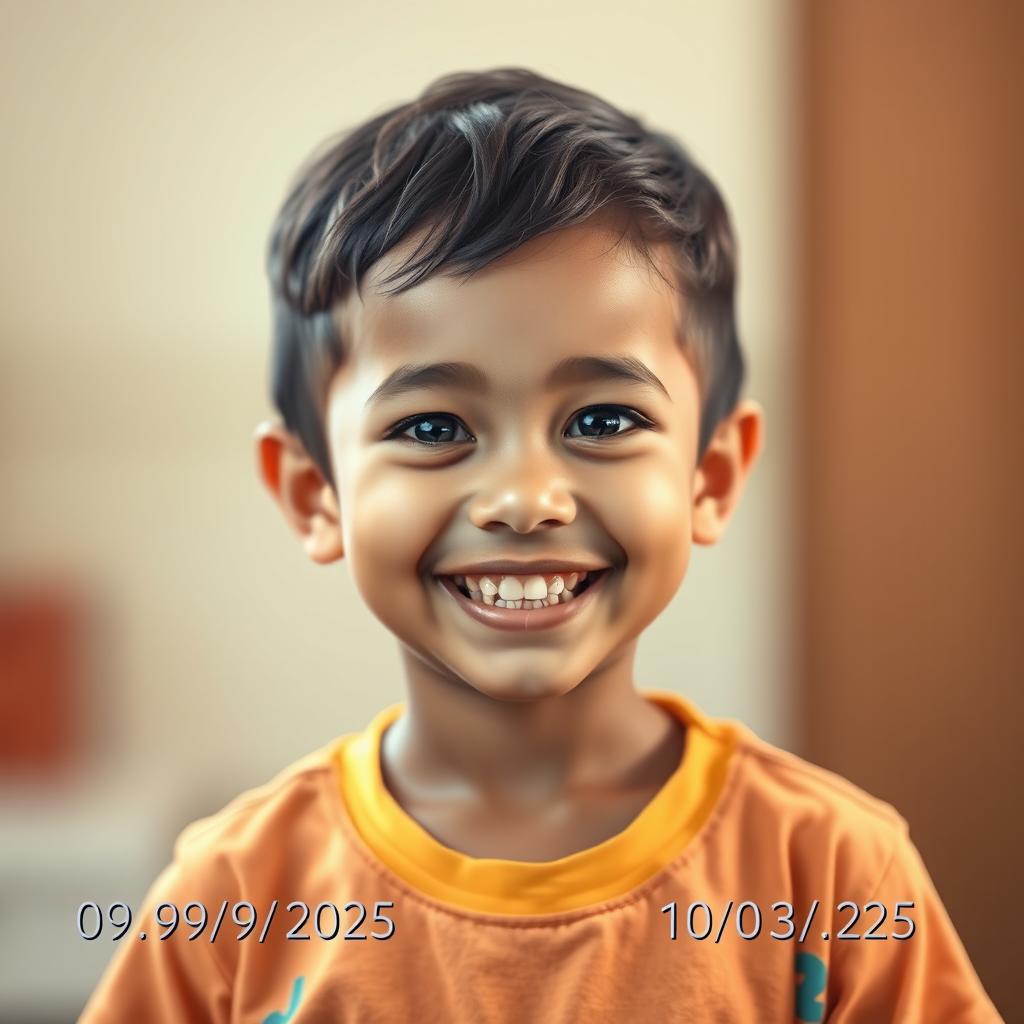 A photo-realistic portrait of a young child, age 8, with a bright smile and sparkling eyes