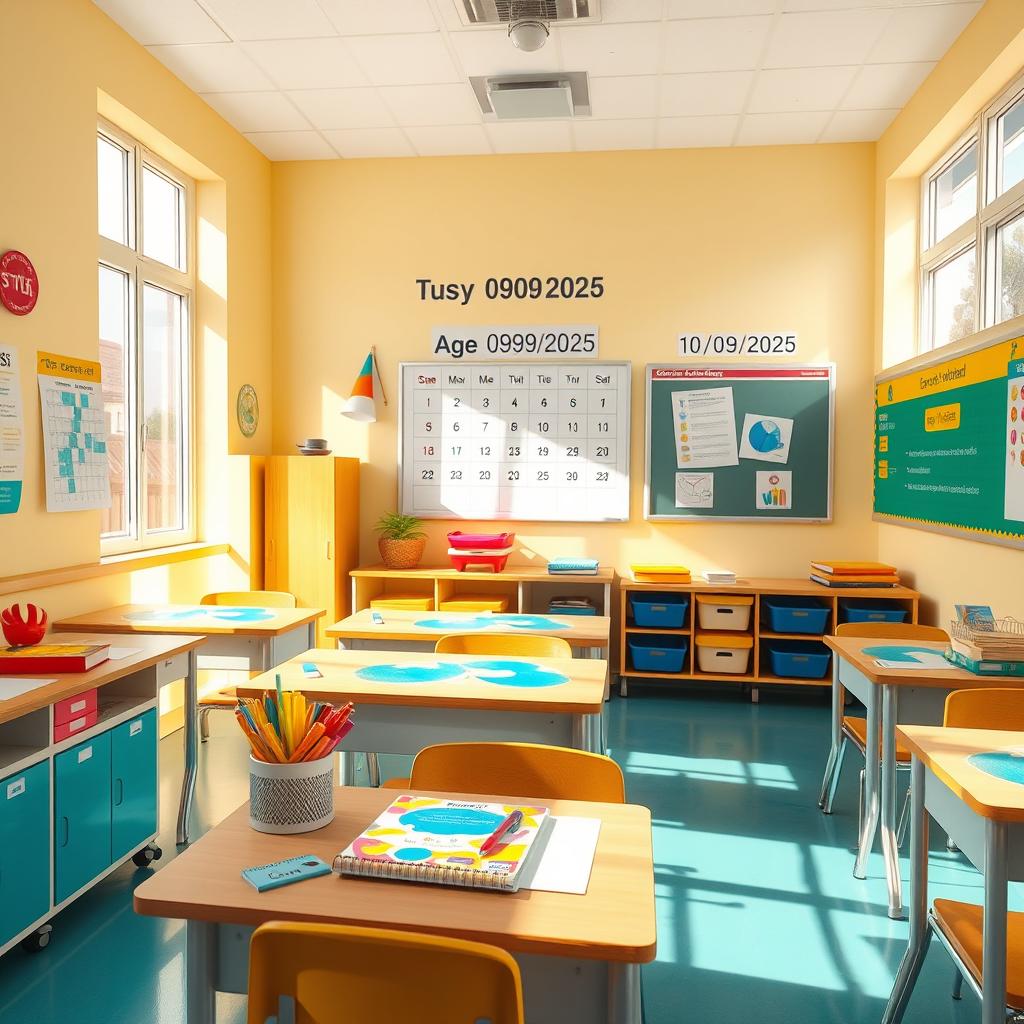 A vibrant school classroom environment with bright colors and cheerful decorations