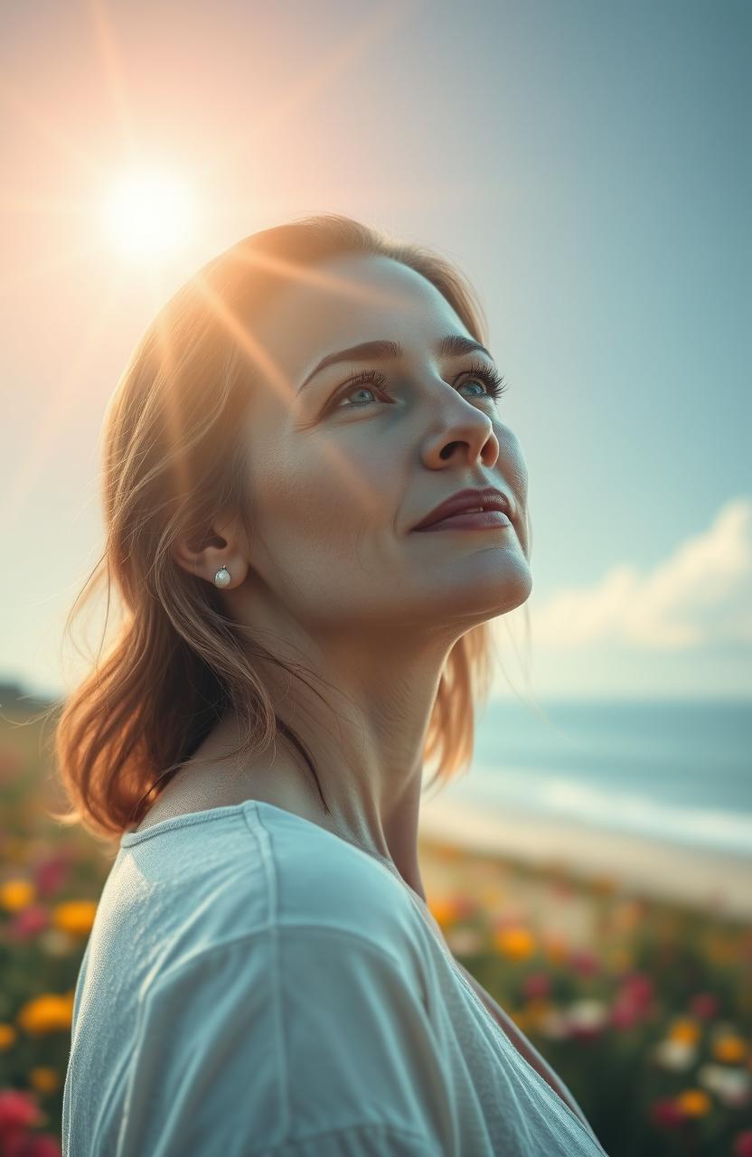 A serene and confident woman in her 30s to 40s, gazing towards the horizon