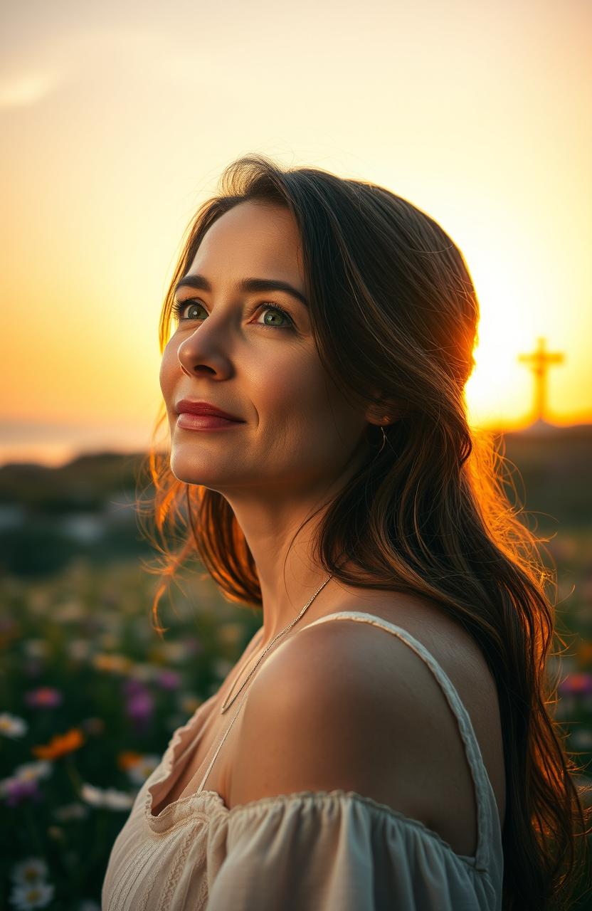 A woman aged 30-40, with a serene and confident expression, gazing towards the horizon