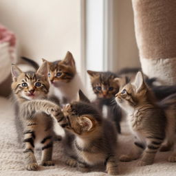 Multiple adorable kittens playfully interacting in a cosy setting