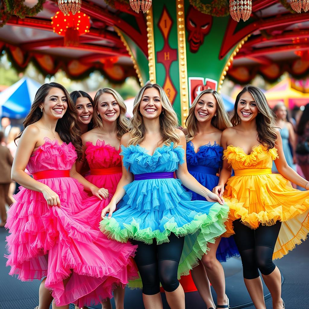 A group of beautiful women wearing colorful frilly dresses, happily lifting their skirts to reveal black knee-length Lycra cycling shorts underneath, as they play teufelsrad (devil's wheel) at a festive carnival