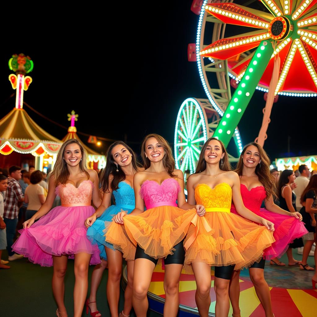 A vibrant scene featuring a group of beautiful women in colorful frilly dresses, lifting their skirts to reveal black knee-length Lycra cycling shorts underneath as they joyfully play teufelsrad (devil's wheel) at a festive carnival