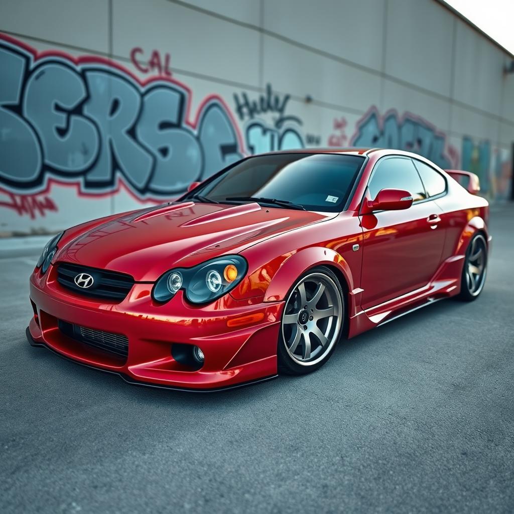 A stunning modified 2003 Hyundai Tiburón showcasing a sleek body kit with aggressive lines and a lowered stance