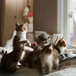 Multiple adorable kittens playfully interacting in a cosy setting