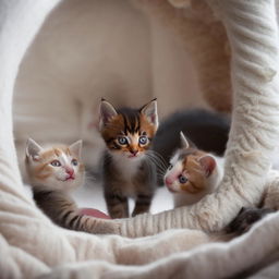 Multiple adorable kittens playfully interacting in a cosy setting