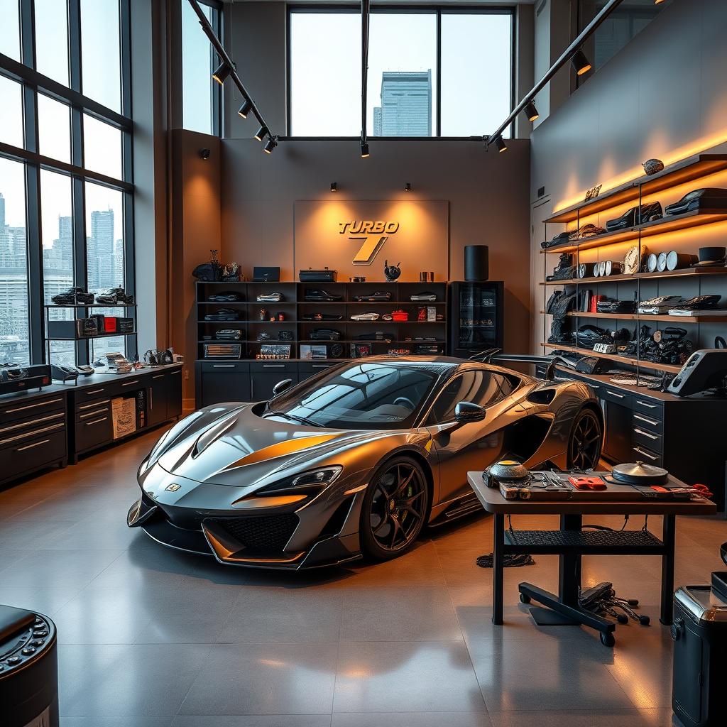 Exquisite Automotive Shop Interior with Turbo _T Branding