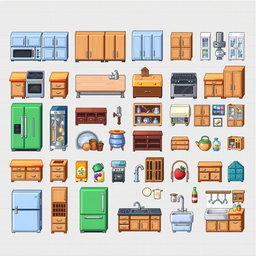 A detailed pixel art spritesheet featuring various kitchen furniture, including cabinets, countertops, a stove, a refrigerator, and a sink