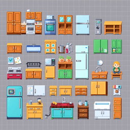 A detailed pixel art spritesheet featuring various kitchen furniture, including cabinets, countertops, a stove, a refrigerator, and a sink