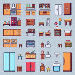 A detailed pixel art spritesheet featuring various kitchen furniture, including cabinets, countertops, a stove, a refrigerator, and a sink