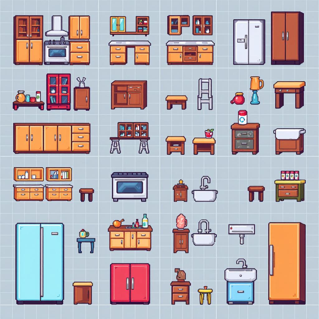 A detailed pixel art spritesheet featuring various kitchen furniture, including cabinets, countertops, a stove, a refrigerator, and a sink