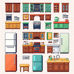 A detailed pixel art spritesheet featuring various kitchen furniture, including cabinets, countertops, a stove, a refrigerator, and a sink