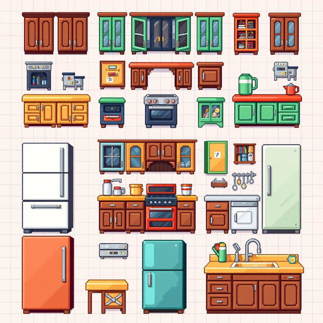 A detailed pixel art spritesheet featuring various kitchen furniture, including cabinets, countertops, a stove, a refrigerator, and a sink