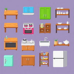 A pixel art spritesheet featuring various kitchen furniture elements, including a wooden kitchen table, colorful cabinets, a stove with pots, a sink with a faucet, shelves with dishes, and a refrigerator