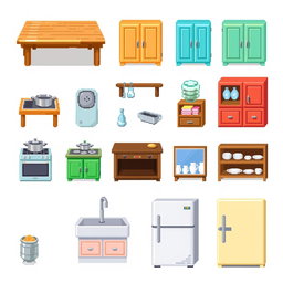 A pixel art spritesheet featuring various kitchen furniture elements, including a wooden kitchen table, colorful cabinets, a stove with pots, a sink with a faucet, shelves with dishes, and a refrigerator