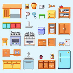 A pixel art spritesheet featuring various kitchen furniture elements, including a wooden kitchen table, colorful cabinets, a stove with pots, a sink with a faucet, shelves with dishes, and a refrigerator