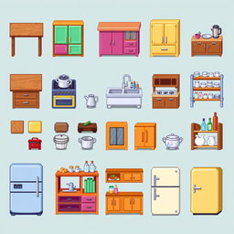 A pixel art spritesheet featuring various kitchen furniture elements, including a wooden kitchen table, colorful cabinets, a stove with pots, a sink with a faucet, shelves with dishes, and a refrigerator