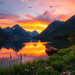 A serene landscape featuring a tranquil lake surrounded by majestic mountains during sunset