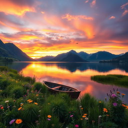 A serene landscape featuring a tranquil lake surrounded by majestic mountains during sunset