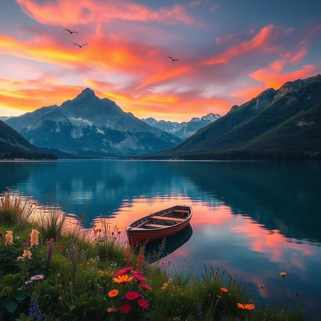A serene landscape featuring a tranquil lake surrounded by majestic mountains during sunset