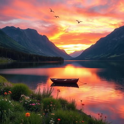 A serene landscape featuring a tranquil lake surrounded by majestic mountains during sunset