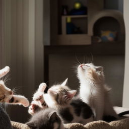 Multiple adorable kittens playfully interacting in a cosy setting