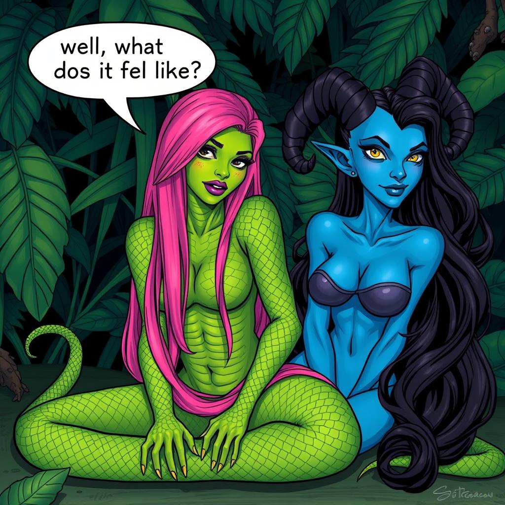 A captivating illustration featuring a woman with serpentine features, displaying striking green scaly skin, long straight vibrant pink hair, and bold purple lipstick