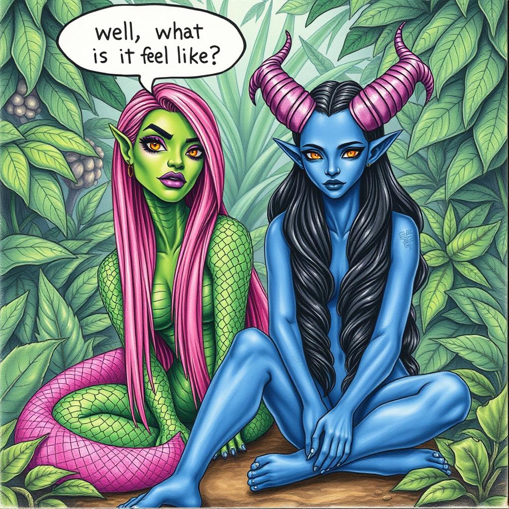 A striking scene featuring a woman with serpentine features, vibrant green scaly skin, and long straight pink hair styled dramatically