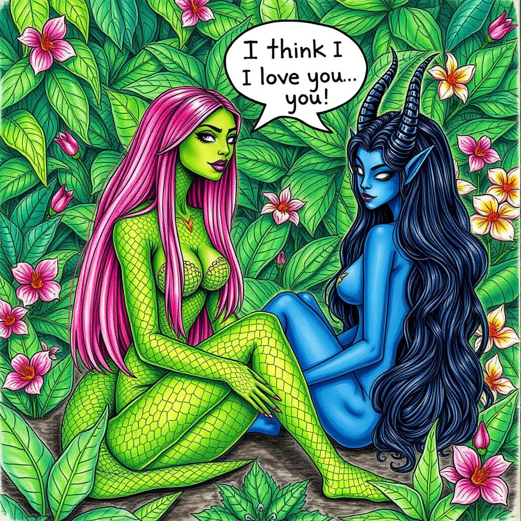 A fantastical scene featuring a woman with serpentine features, adorned with green scaly skin, and long straight vibrant pink hair, wearing striking purple lipstick