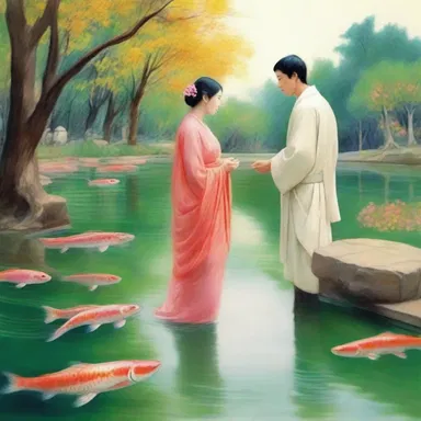 The lovers visited a picturesque pond where they admired the graceful movement of the Anaspid fish, symbolizing their everlasting love.